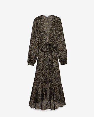 green satin leopard print wrap dress