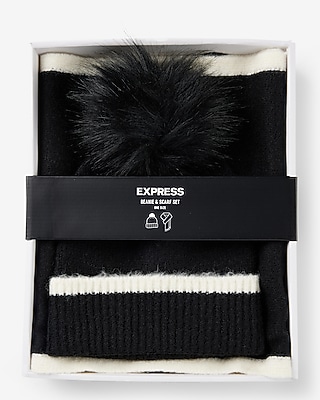 Tipped Pom Beanie & Scarf Set Women's Black