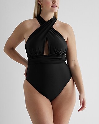Ruched Convertible Bodycon One-Piece Swimsuit Black Women's M