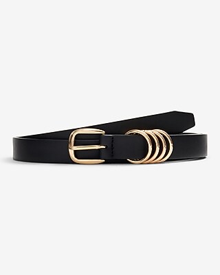 Faux Leather Black Skinny Gold Multi Ring Buckle Belt