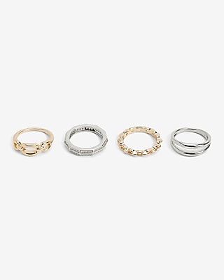 4 Piece Mixed Metal Rhinestone Textured Ring Set