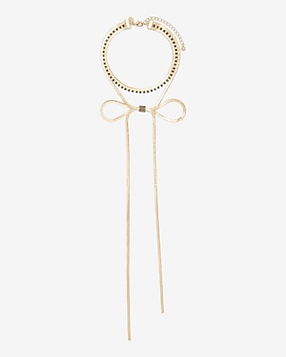 2 Row Rhinestone Snakechain Bow Drop Necklace