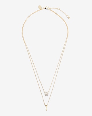 2 Row Rhinestone Key Pendant Necklace Women's Gold