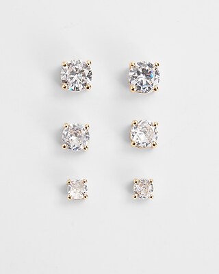 Set Of 3 Rhinestone Stud Earrings Women's Gold