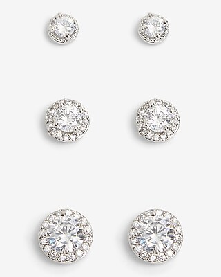 Set Of 3 Rhinestone Lined Stud Earrings Women's Silver