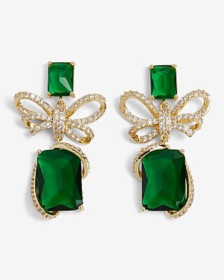 Emerald Rhinestone Bow Wrapped Double Drop Earrings