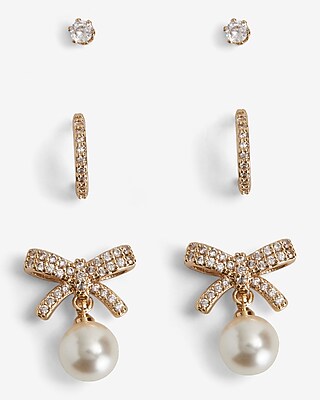 Set Of 3 Rhinestone Pearl Bow Earrings