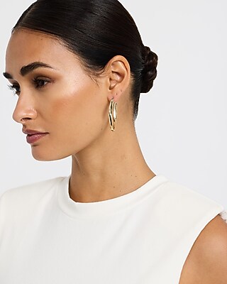 Express Women's Curved Gold Sculpted Hoop Earrings in Shiny Gold