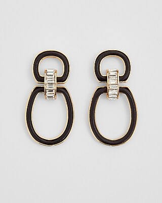 Leather Rhinestone Linked Oval Drop Earrings