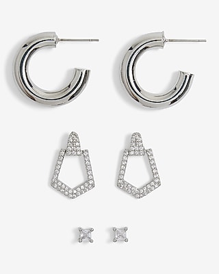 Set Of 3 Mixed Rhinestone Hoop Doorknocker Earrings