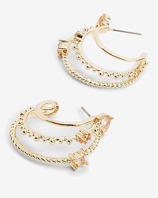 Triple Rhinestone Embellished Hoop Earrings