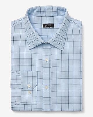 Express Men's Slim Grid Plaid Wrinkle-Resistant Everyday Performance Dress Shirt in Light Blue