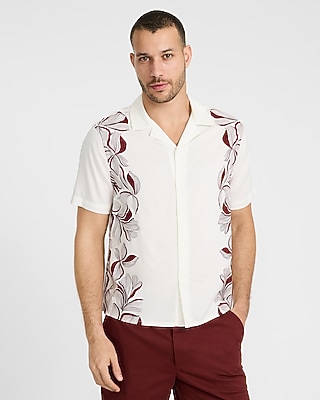 Express Men's Abstract Floral Border Rayon Short Sleeve Shirt in Deep Chestnut