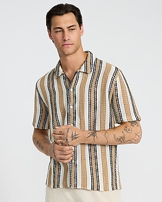 Express Men's Textured Open Knit Striped Short Sleeve Shirt in Tan