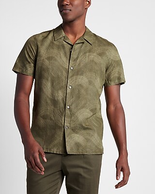 Wave Print Linen-Blend Short Sleeve Shirt