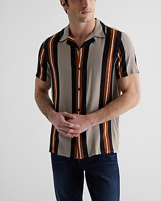 Striped Mini Geo Print Rayon Short Sleeve Shirt Brown Men's M Tall