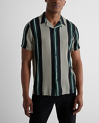 Striped Mini Geo Print Rayon Short Sleeve Shirt Green Men's XS
