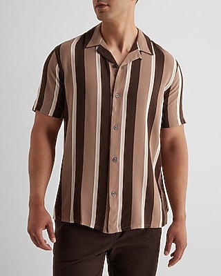 Striped Rayon Short Sleeve Shirt Brown Men's XXL Tall