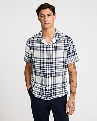 Express Men's Textured Woven Plaid Cotton Short Sleeve Shirt in Navy