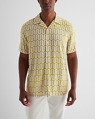 Geo Print Rayon Short Sleeve Shirt Yellow Men's XS