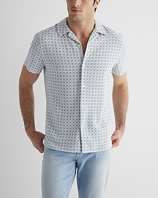 Geo Print Stretch Linen Short Sleeve Shirt