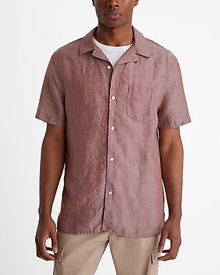 Express Men's Linen-Blend Pocket Short Sleeve Shirt in Rust