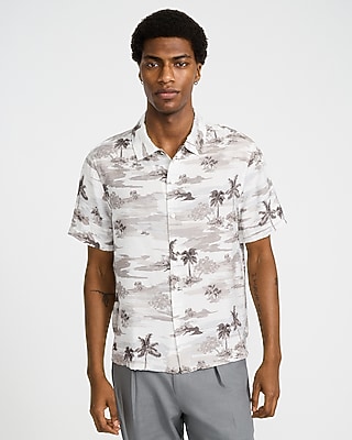 Express Men's Seersucker Tropical Island Short Sleeve Shirt in Bright White