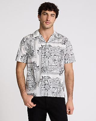 Express Men's Scarf Print Cotton Stretch Short Sleeve Shirt in Ivory