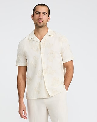 Express Men's Textured Floral Two Tone Jacquard Short Sleeve Shirt in Pearl White