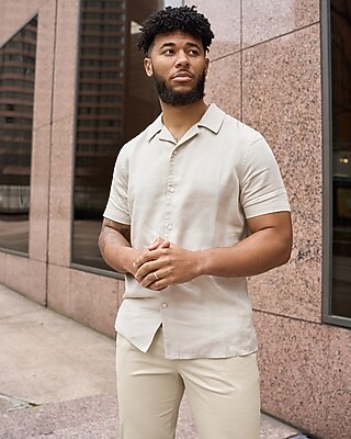 Slim Solid Tencel Short Sleeve Shirt  Neutral Men's XL