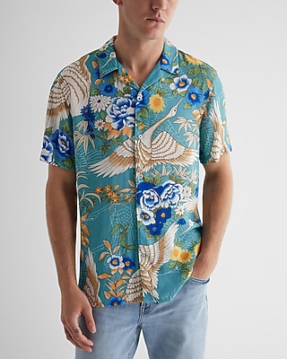 Crane Print Rayon Short Sleeve Shirt Blue Men's S