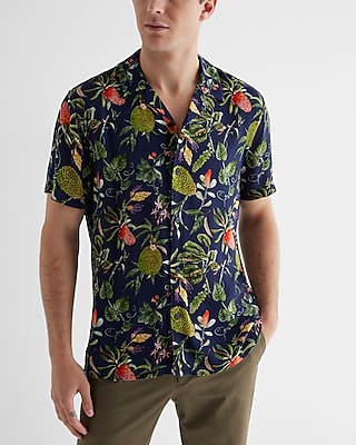Plant Print Rayon Short Sleeve Shirt