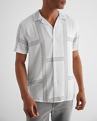 Dot Paneled Rayon Short Sleeve Shirt White Men's M Tall