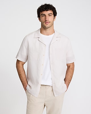Express Men's Double Pocket Linen-Blend Short Sleeve Shirt in Warm Ivory