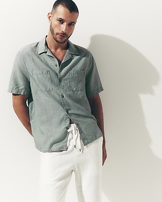 Express Men's Double Pocket Linen-Blend Short Sleeve Shirt in Calcite