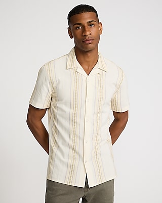 Express Men's Textured Embroidered Striped Short Sleeve Shirt in Ivory