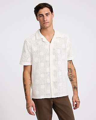 Express Men's Textured Crochet Lace Short Sleeve Shirt in Ivory