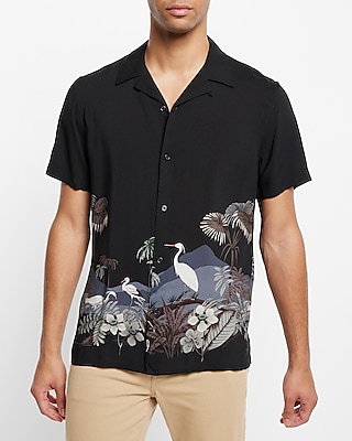 Crane Print Rayon Short Sleeve Shirt