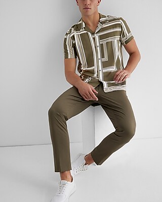 Geo Striped Rayon Short Sleeve Shirt Green Men's XS