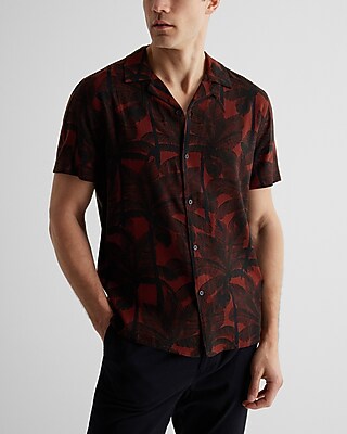 Palm Print Rayon Short Sleeve Shirt Brown Men's L Tall