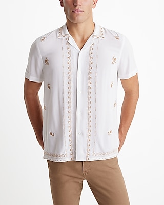 Embroidered Rayon Short Sleeve Shirt White Men's