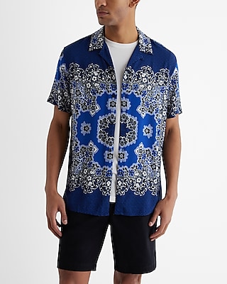 Abstract Floral Geo Rayon Short Sleeve Shirt Blue Men's S