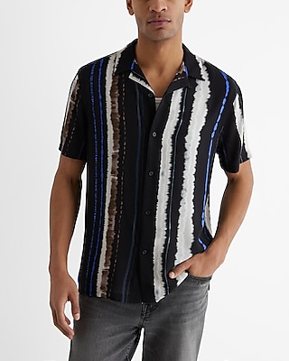 Big & Tall Painted Stripe Rayon Short Sleeve Shirt Black Men's XXL