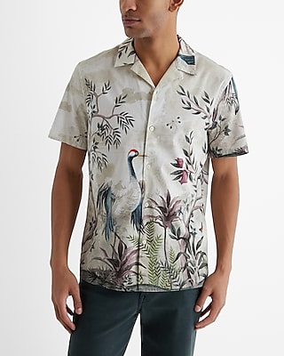 Painted Bird Scene Cotton Stretch Short Sleeve Shirt White Men's S