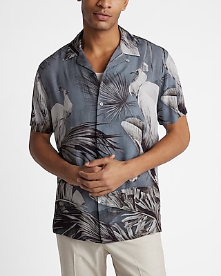 Peacock Palm Print Rayon Short Sleeve Shirt Gray Men's M Tall