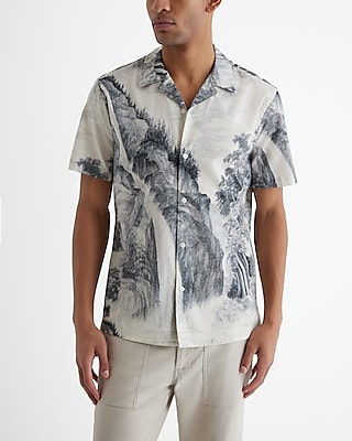 Etched Landscape Cotton Stretch Short Sleeve Shirt White Men's M Tall