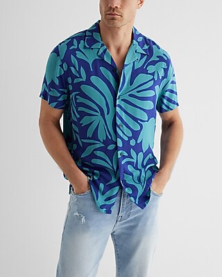 Abstract Leaf Print Rayon Short Sleeve Shirt