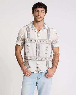 Express Men's Embroidered Geo Short Sleeve Shirt in Ivory