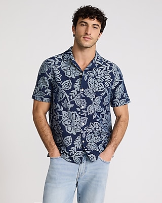 Express Men's Textured Floral Short Sleeve Shirt in Indigo