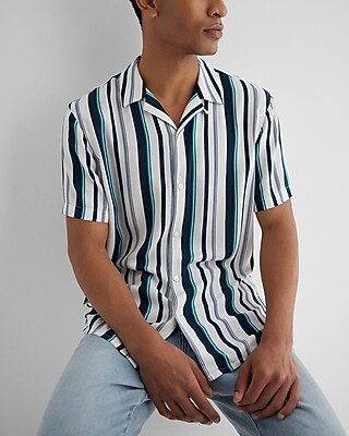 Striped Rayon Short Sleeve Shirt Blue Men's XL